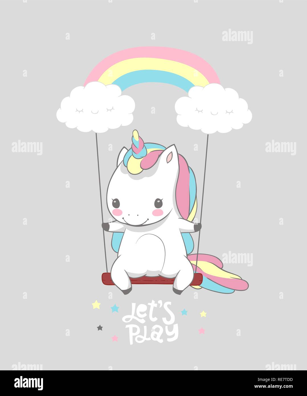 Carino Baby Unicorn Swing Rainbow Stampa poster. Mattina ispirazione motivazionale giocare resto vivaio Poster Design può essere usata per t-shirt stampa, usura kids fashion design, baby doccia scheda di invito Illustrazione Vettoriale