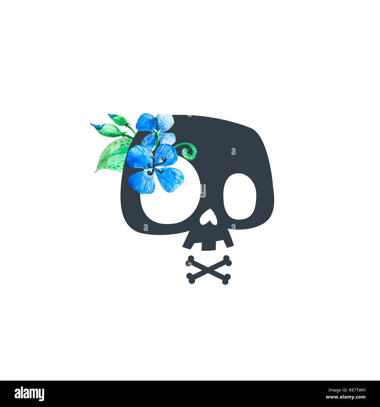 Cartoon cranio decorato con fiori di colore blu. Cranio stilizzato, t-shirt stampa, cranio segno, adolescente stampa di arte, design della scheda. Illustrazione Vettoriale. Isolato Illustrazione Vettoriale
