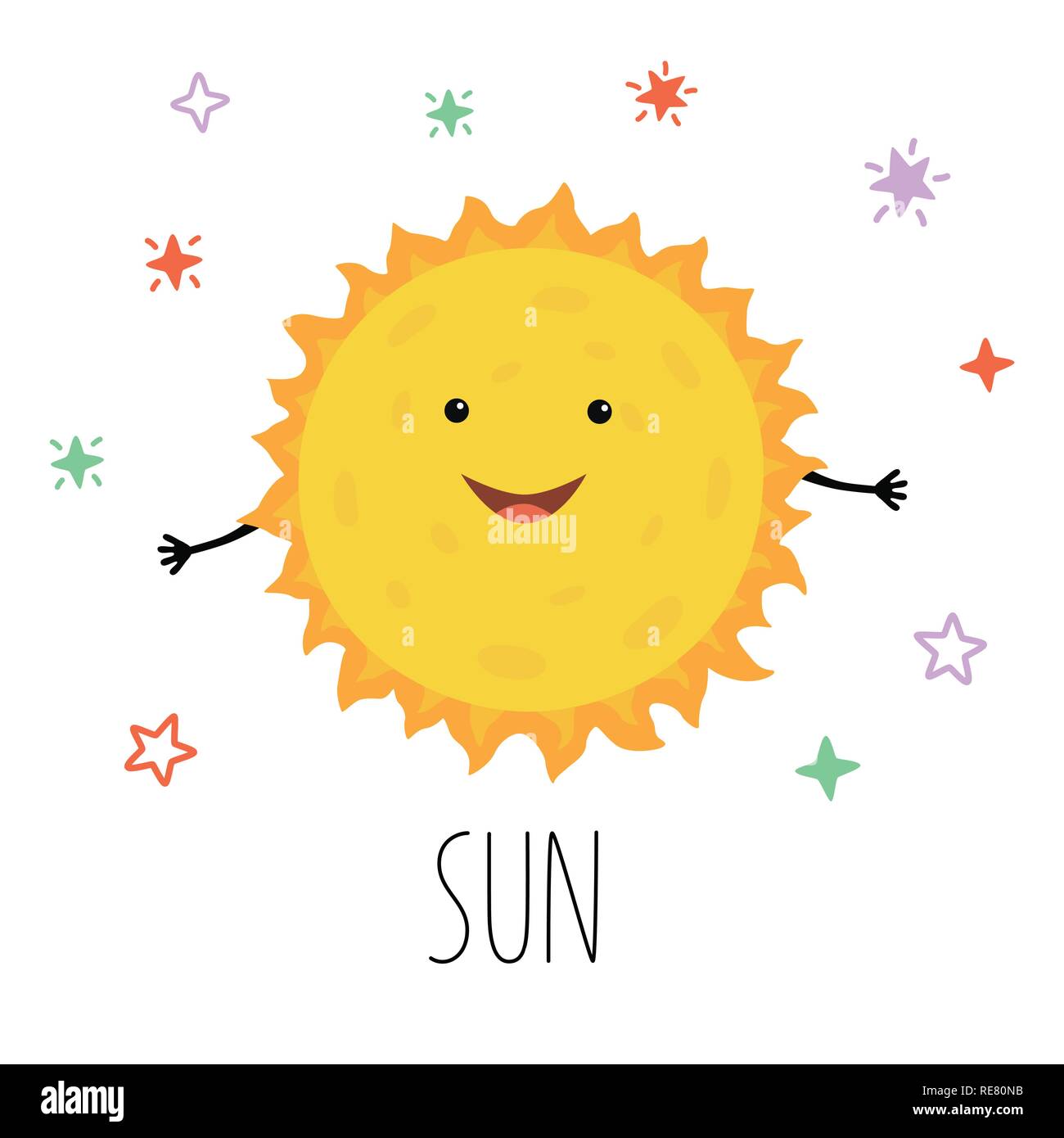 Carino Sun. illustrazione vettoriale per bambini in bianco sullo sfondo isolata . Illustrazione Vettoriale