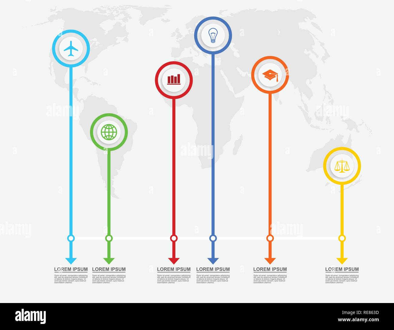 Una infografica template vettoriale per la presentazione, il grafico, diagramma grafico, la concezione di business con 6 opzioni sulla mappa del mondo Illustrazione Vettoriale