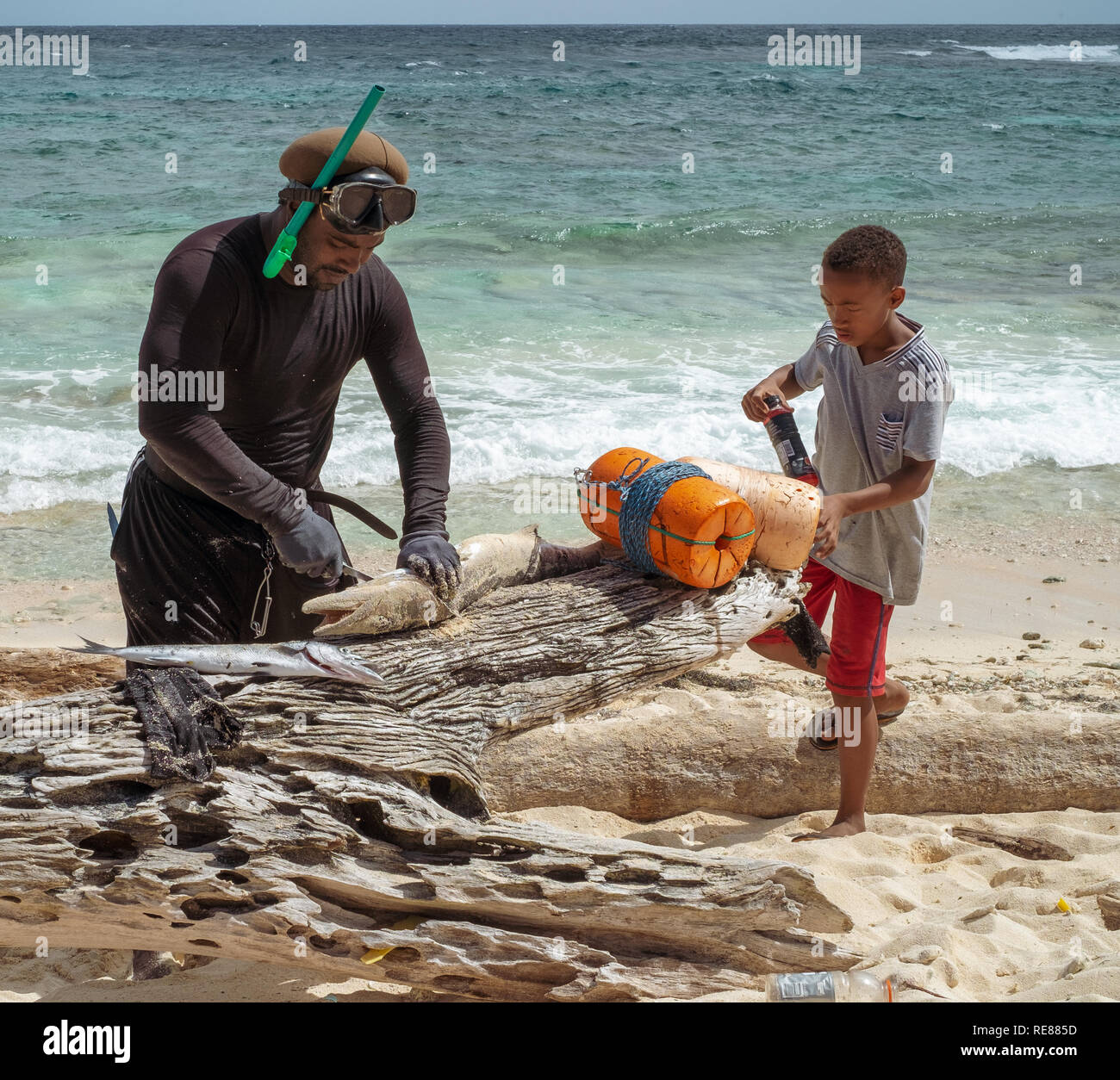 01-08-2019; San Andrés isola, Colombia. Kid sta guardando abitante pescatore che è la pulizia di un barracuda cacciate nella barriera corallina. Foto Stock
