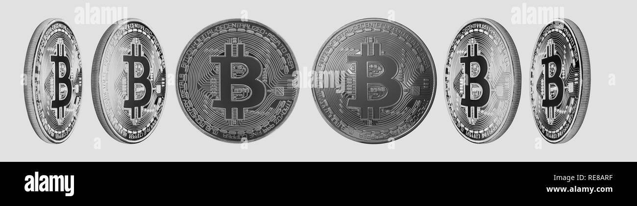 Gruppo di argento cryptocurrency Bitcoin isolati su sfondo bianco. Alta risoluzione per ritoccare o graphic design Foto Stock