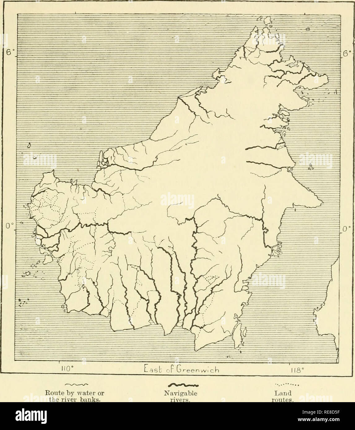 . La terra e i suoi abitanti ... La geografia. FLOEA DI BOENEO. 131 Anche occasionalmente verificarsi, come nell'anno 1877, quando la grande laguna Sriang nella Fig. 49.-flussi navigabile aitd Chief rotte di Exploeees in Boeneo. Scala 1: 12.000.000.. Koute da acqua o le sponde del fiume. Vie di comunicazione terrestri. 180 MUes. Kapuas bacino era completamente prosciugato. Nel distretto di Kutei Bock attraversato foreste uccisi con il calore e di bisognosi simili di vegetazione e di vita animale. La Flora. Ma queste sono rare eccezioni, e su tutto il Borneo può essere descritta come una vasta foresta, così denso e contigua che, secondo uno Foto Stock