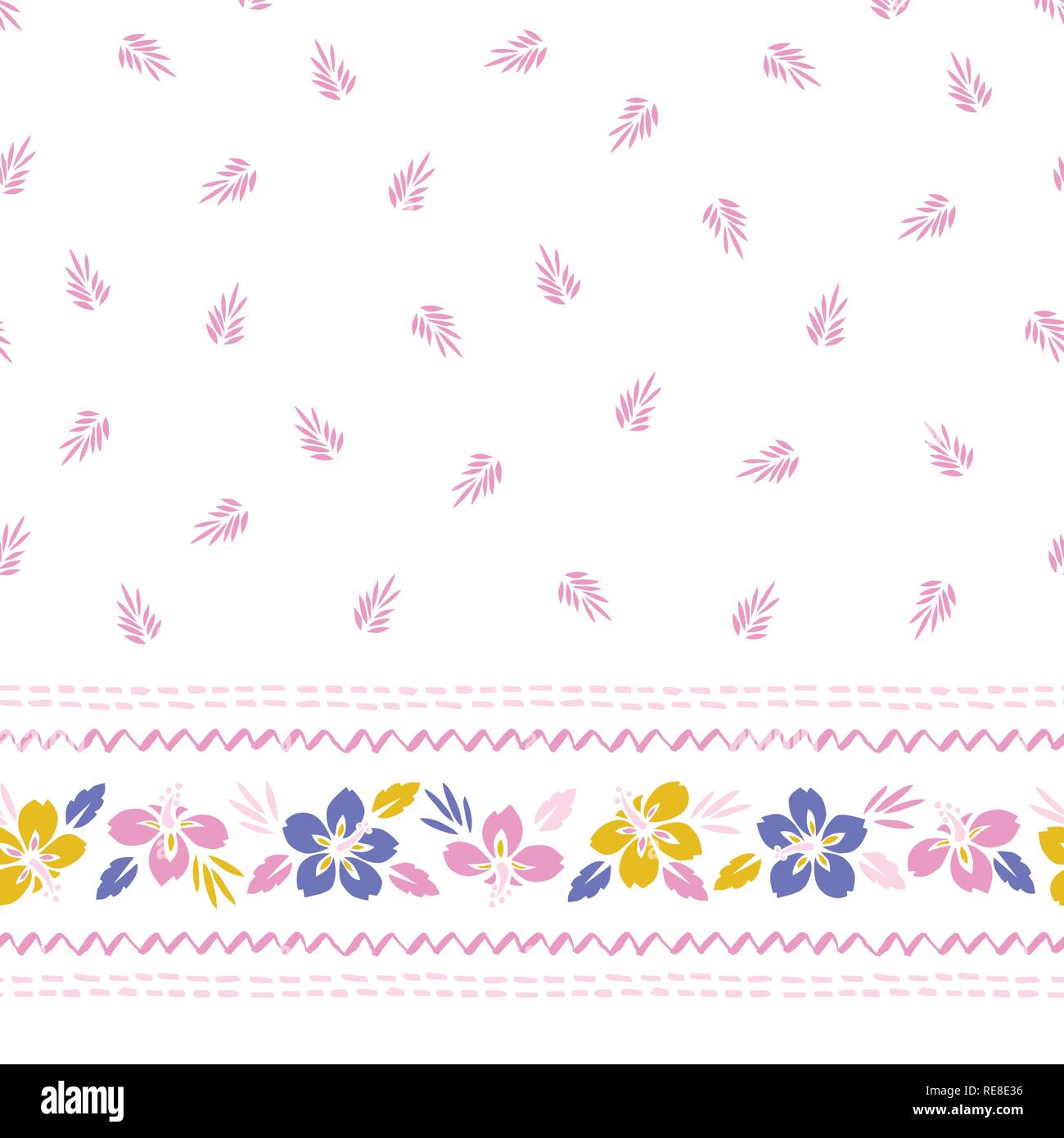 Tropicali colorati fogliame esotico, Hibiscus orizzontale vettore floreali Seamless Pattern di confine. Strisce di maglia. Lussureggiante tropicale fiorisce su sfondo bianco. Illustrazione Vettoriale