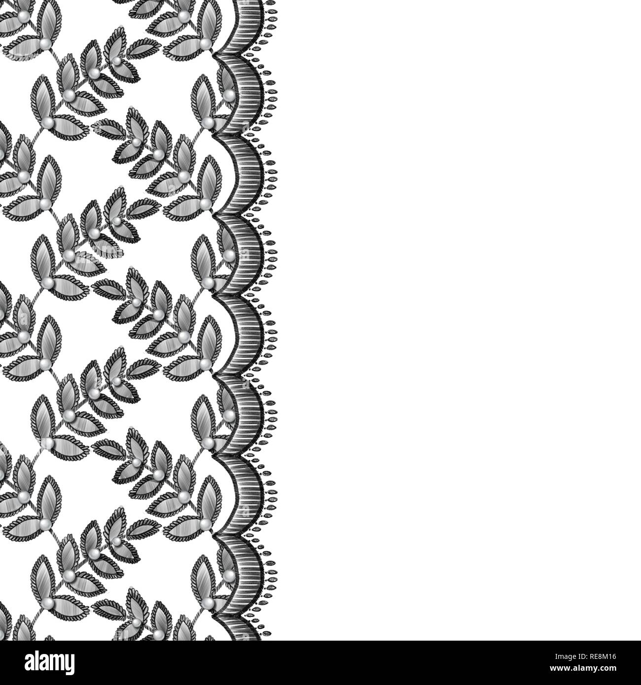 Pizzo confine senza giunture con foglie decorativa e perle Foto Stock