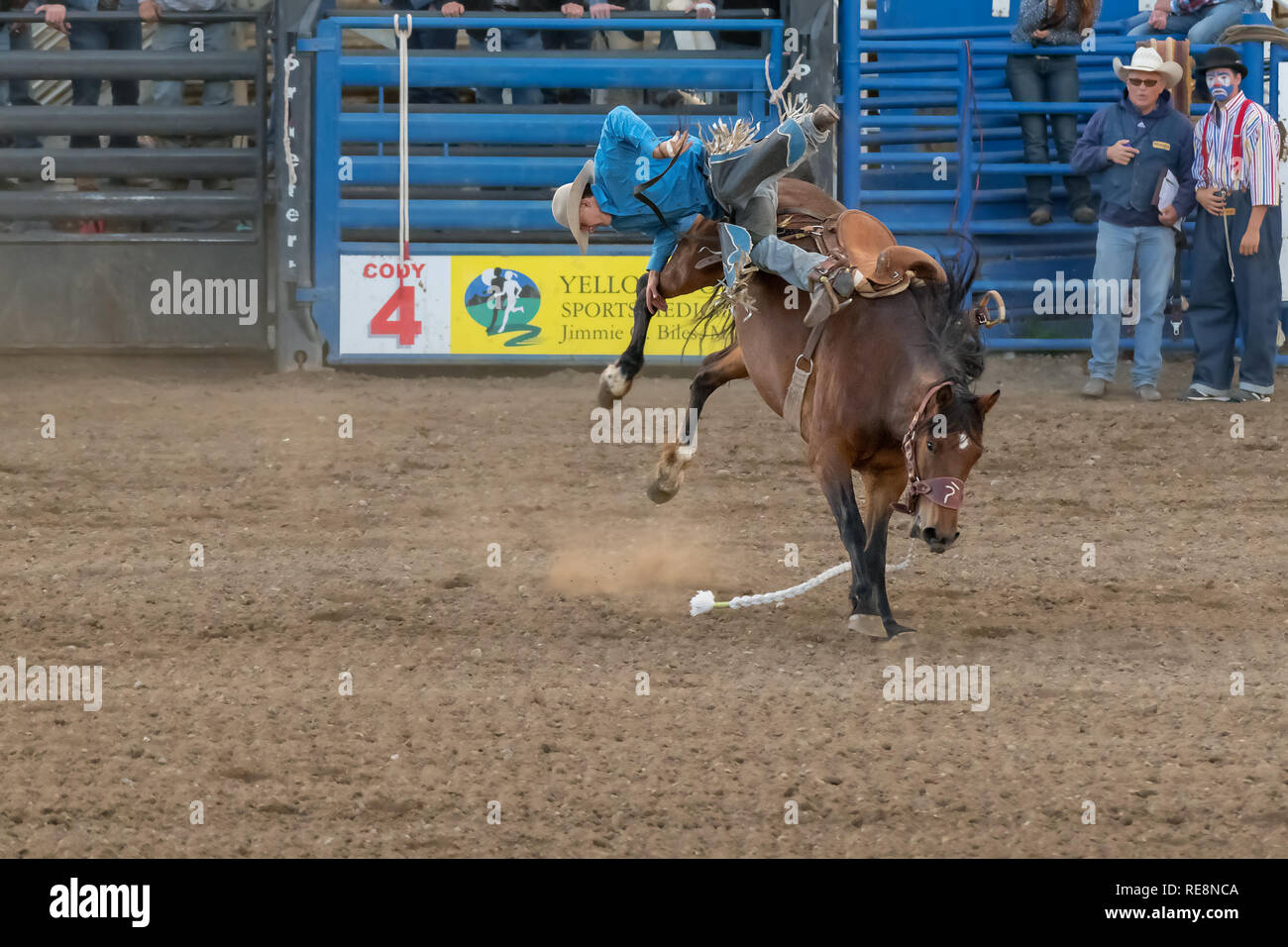 CODY, Wyoming - Giugno 29, 2018: Cody Stampede Park arena. Cody è il Rodeo Capitol del mondo. Il 2018 segna l'ottantesimo anniversario di spettacoli notturni. Foto Stock