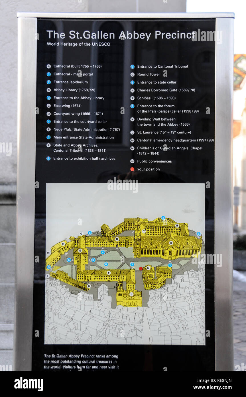 Una strada mappa turistica di San Gallo Abbazia Precinct nella città vecchia di San Gallo in Svizzera Nordorientale Foto Stock