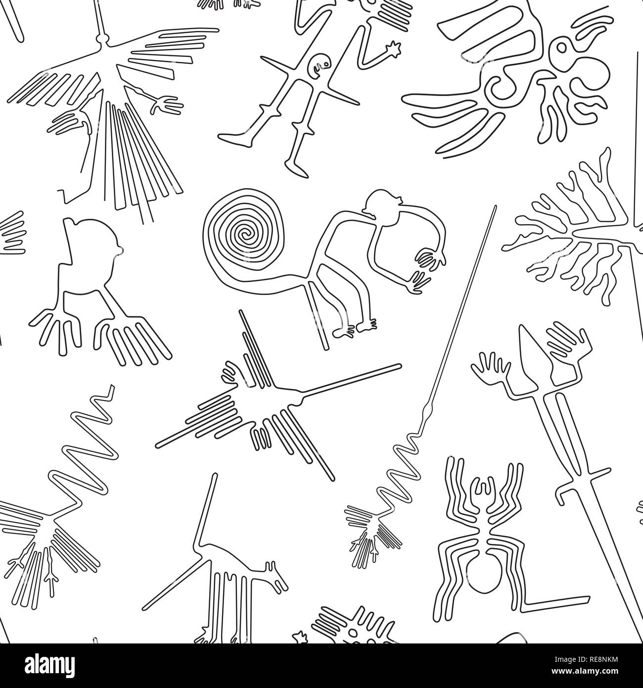Vector seamless pattern, linee di Nazca creature dal deserto di Nazca in Perù Illustrazione Vettoriale