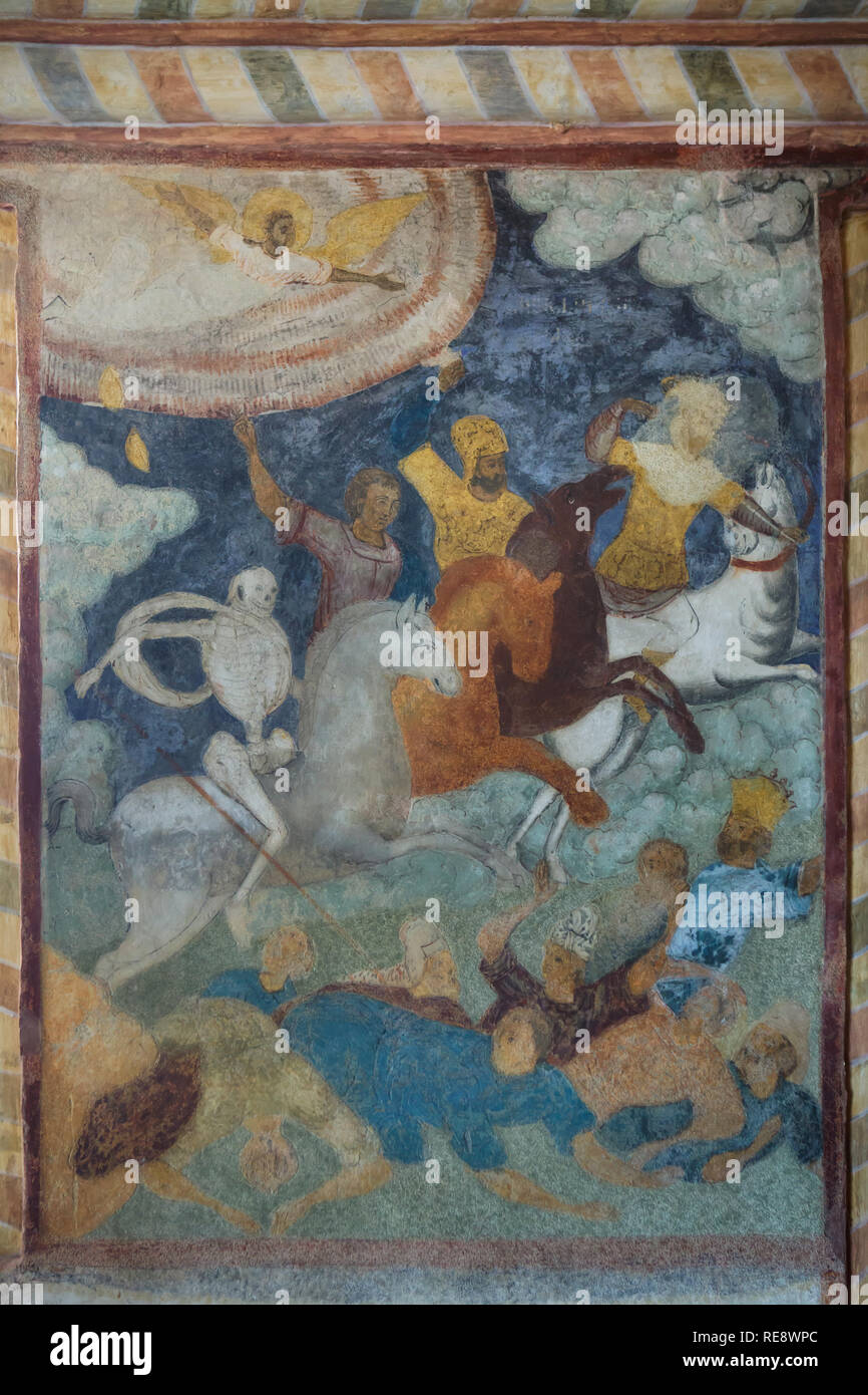 Quattro cavalieri dell'Apocalisse. Affresco di icona russa pittori Gury Nikitin e Sila Savin (1680) nella galleria occidentale (papert) della Chiesa di Elia Profeta in Yaroslavl, Russia. Foto Stock
