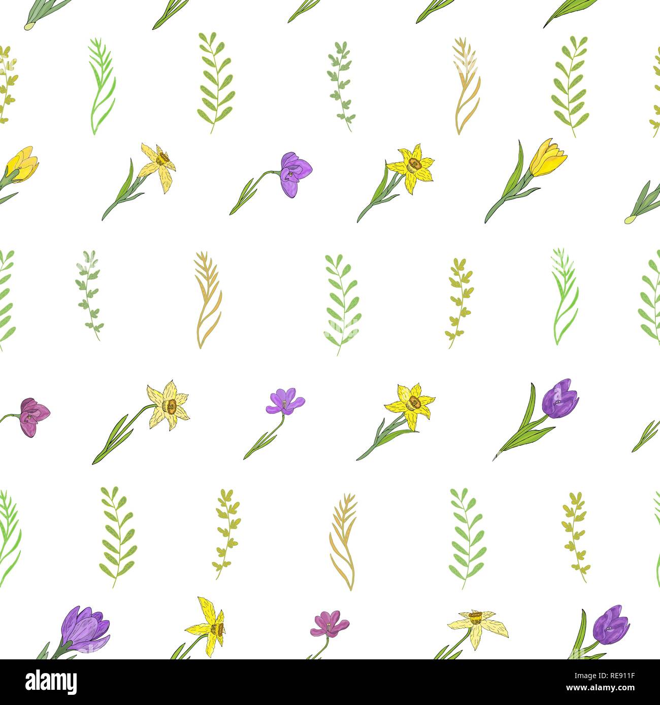 Modello senza cuciture con diversi fiori di primavera. Crochi, narcisi e diverse erbe. Elementi isolati su uno sfondo bianco. Vettore di disegno a mano Illustrazione Vettoriale