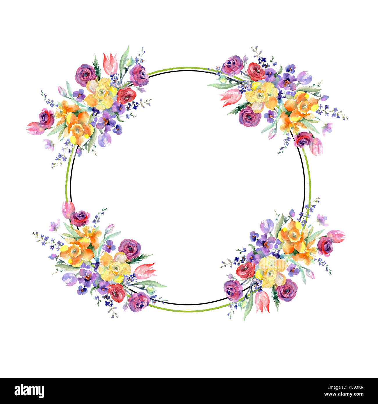 Giallo e rosso bouquet floreale di fiori di botanica. Acquerello illustrazione dello sfondo impostato. Bordo del frame ornamento square. Foto Stock