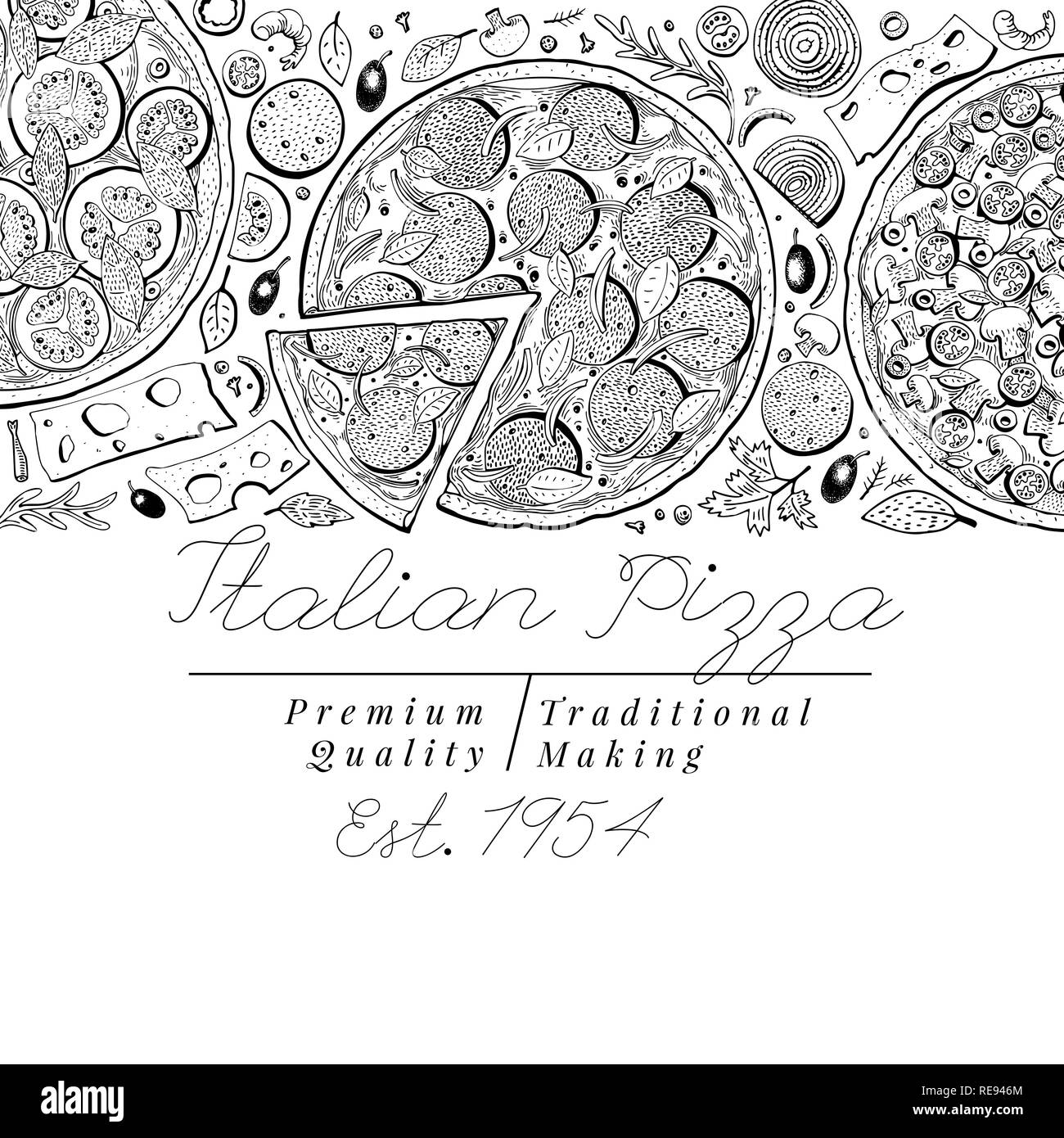 Vettore pizza italiana vista top banner. Disegnato a mano illustrazioni vintage. Italian Food Design modello. È possibile utilizzare per visualizzare il menu, imballaggio, pubblicitarie per caffe, ristorante e pizzeria Illustrazione Vettoriale