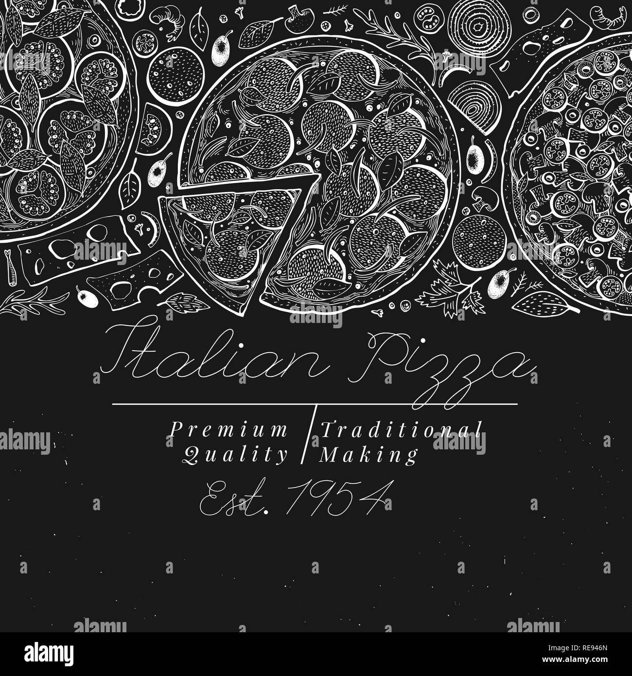 Vettore pizza italiana vista top banner. Disegnato a mano illustrazioni vintage su chalk board. Italian Food Design modello. È possibile utilizzare per visualizzare il menu, imballaggio, pubblicitarie per caffe, ristorante e pizzeria Illustrazione Vettoriale