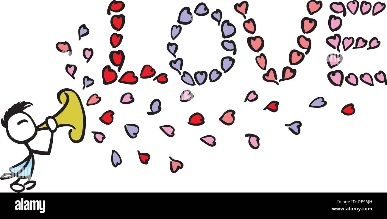 Stick uomo rendendo la parola amore con un cuore e una tromba da jziprian Illustrazione Vettoriale