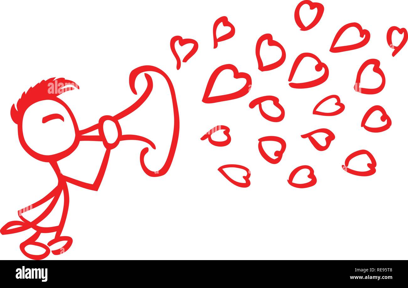 Stick uomo rendendo i cuori con la tromba  contorno rosso da jziprian Illustrazione Vettoriale
