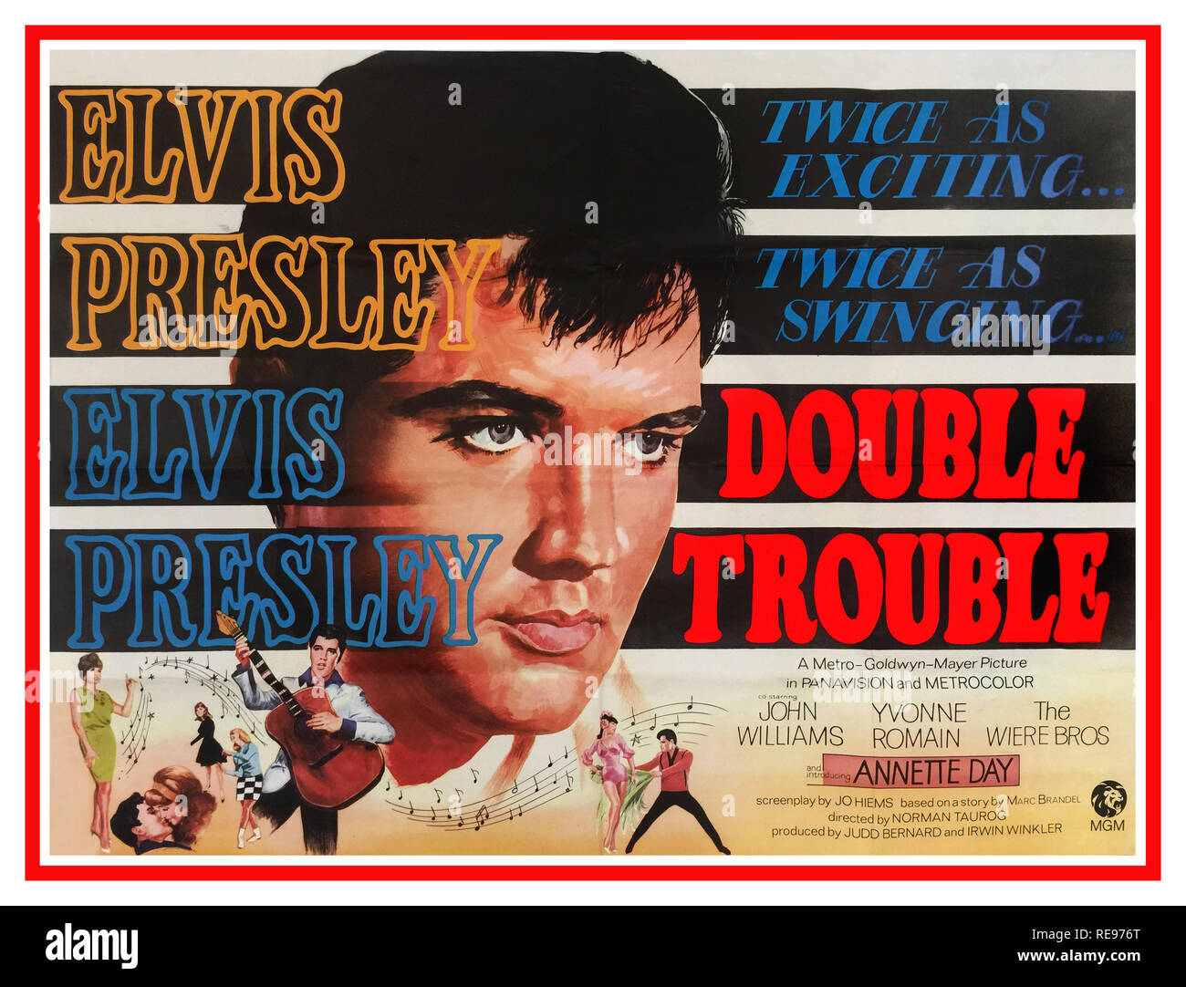 Vintage ELVIS PRESLEY POSTER Double Trouble un 1967 American film musicale starring Elvis Presley. La trama da commedia riguarda un cantante americano che attraversa i percorsi con i criminali in Europa. Starring Elvis Presley Annette giorno Yvonne Romain la erano Bros John Williams diretto da Norman Taurog e prodotta da MGM Foto Stock