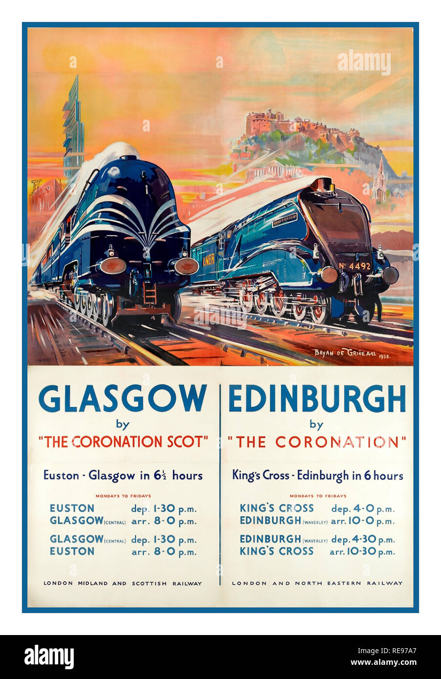 Vintage degli anni trenta Steam Railway poster di promozione due servizi ferroviari a Londra, uno da Glasgow attraverso l incoronazione Scot fino alla stazione di Euston e altri, Edimburgo attraverso l' Incoronazione di Kings Cross in circa 6 ore Foto Stock