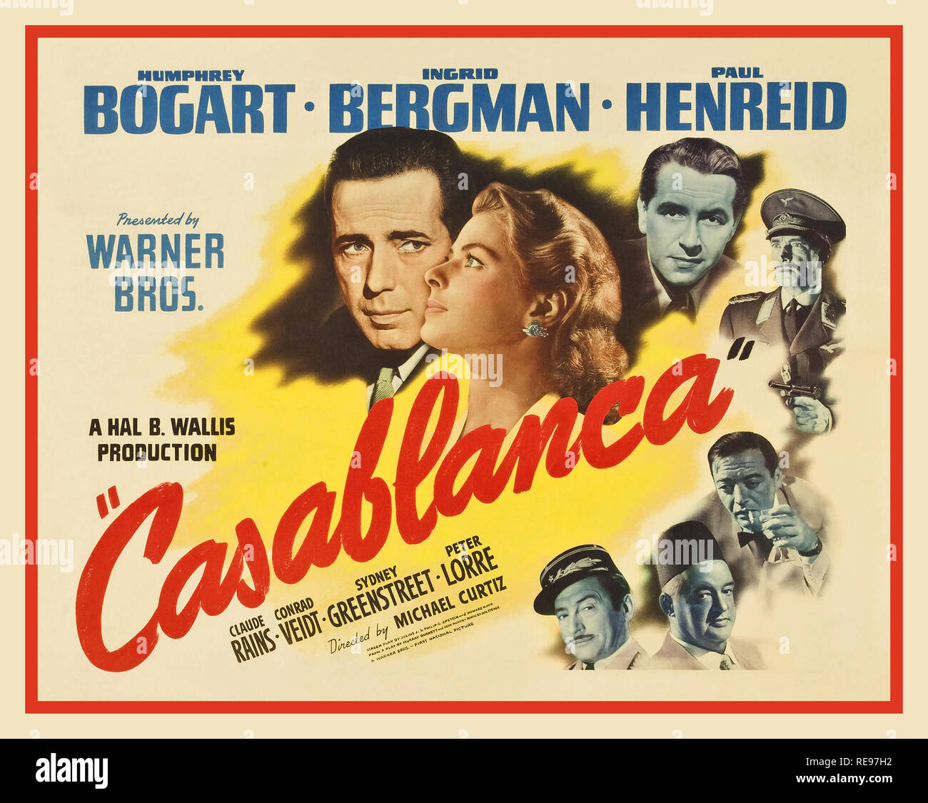 CASABLANCA 1940's Vintage Film Poster Casablanca un 1942 American dramma romantico film diretto da Michael Curtiz. Il film stelle Humphrey Bogart, Ingrid Bergman, e Paul Henreid; dispone inoltre di Claude Rains, Conrad Veidt, Sydney Greenstreet, Peter Lorre e Dooley Wilson. Impostare durante la II Guerra Mondiale, si concentra su un espatriato americano che deve scegliere tra il suo amore per una donna e aiutare lei e suo marito, una resistenza ceca leader, fuggire dalla Vichy-controllato città di Casablanca per continuare la sua lotta contro i nazisti Foto Stock