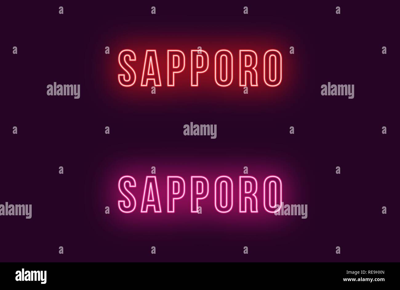Nome neon della città di Sapporo in Giappone. Testo Vettoriale di Sapporo, iscrizione al neon con retroilluminazione in uno stile audace, rosso e rosa di colori. Isolate il titolo incandescente Illustrazione Vettoriale