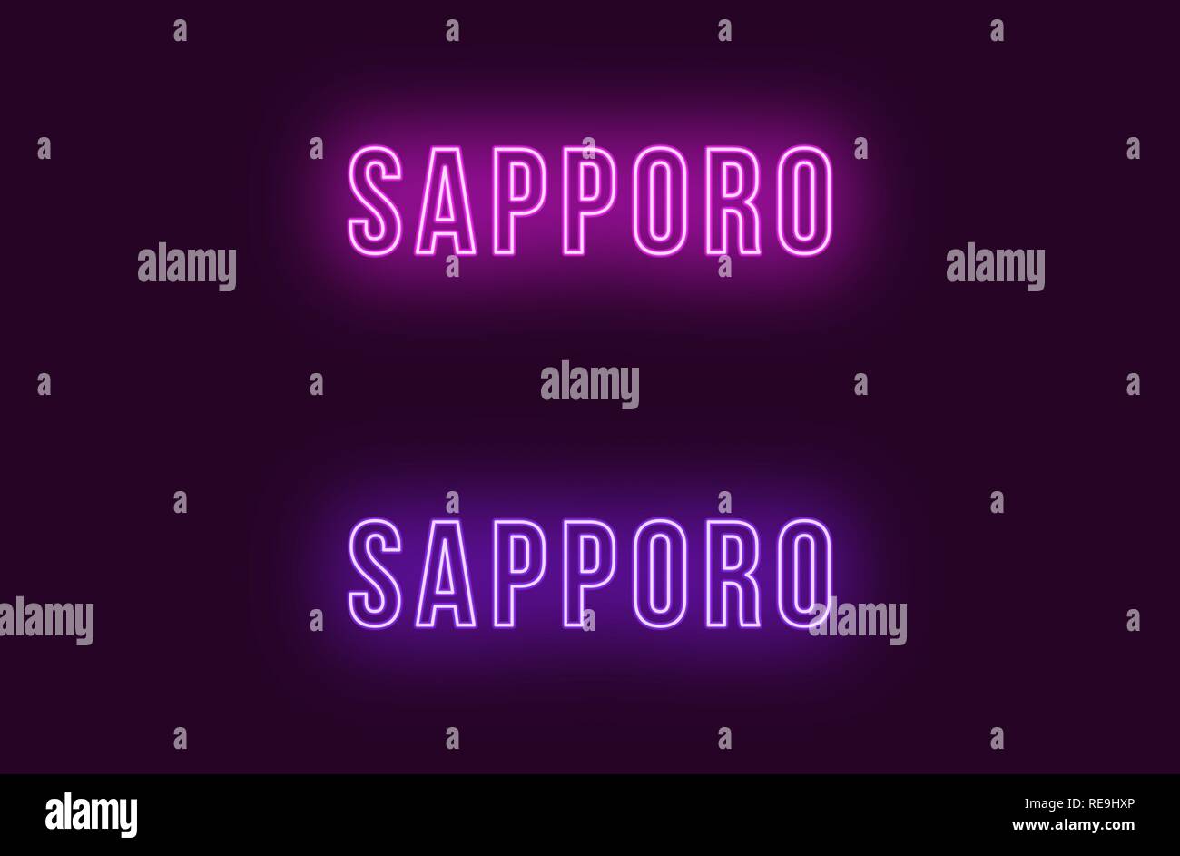 Nome neon della città di Sapporo in Giappone. Testo Vettoriale di Sapporo, iscrizione al neon con retroilluminazione in uno stile audace, viola e colori viola. Isolato incandescente Illustrazione Vettoriale