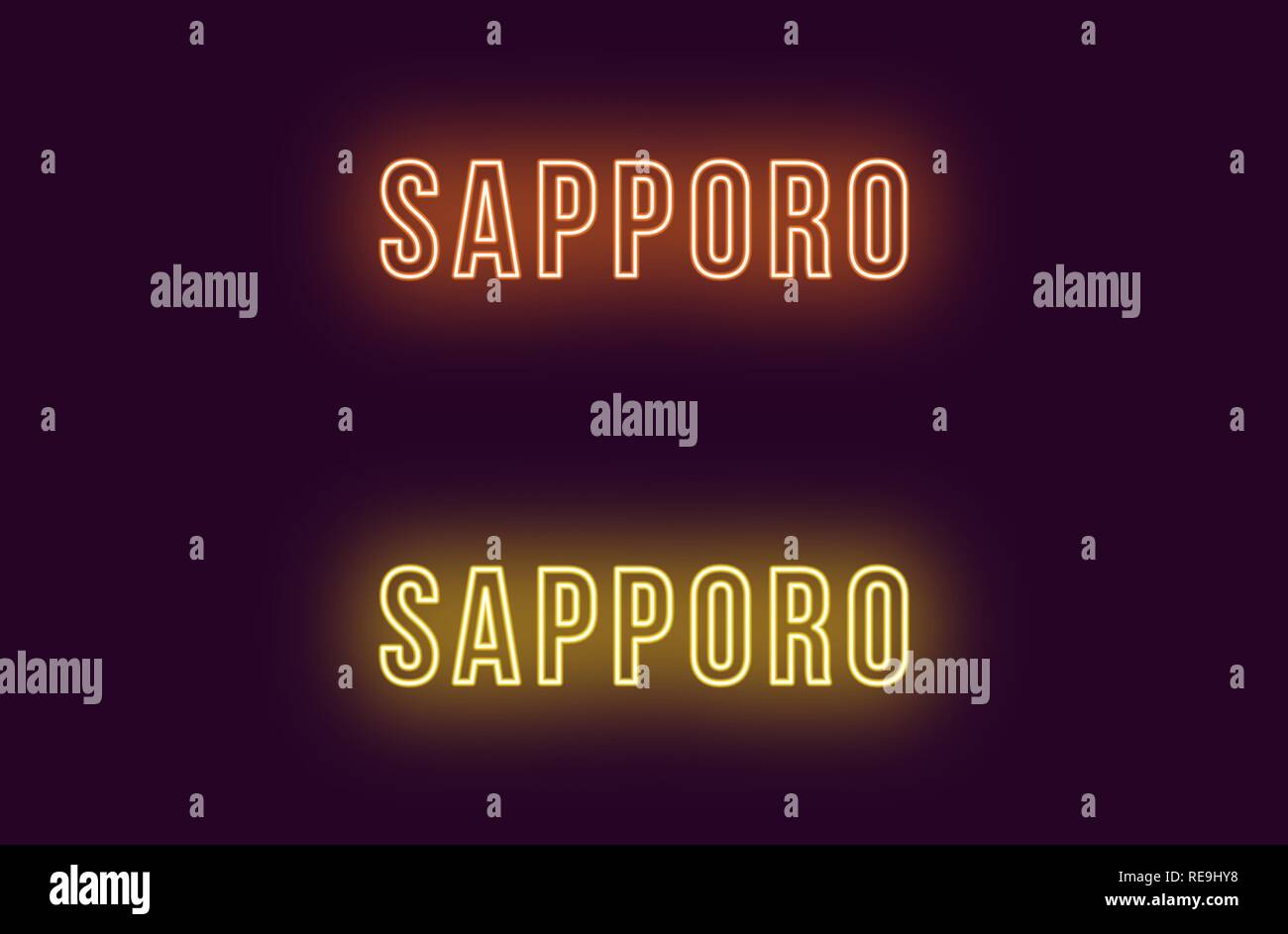 Nome neon della città di Sapporo in Giappone. Testo Vettoriale di Sapporo, iscrizione al neon con retroilluminazione in uno stile audace, arancione e colori di giallo. Isolato incandescente Illustrazione Vettoriale