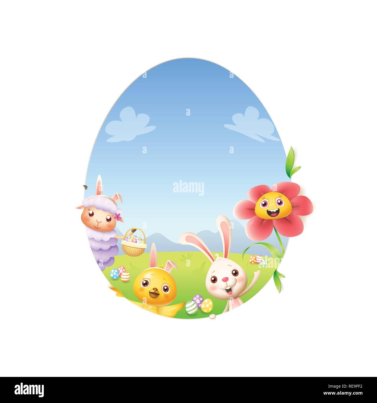 Pasqua amici pecore bunny pollo e fiore spiata dietro a forma di uovo foro con uova decorate sul terreno Illustrazione Vettoriale