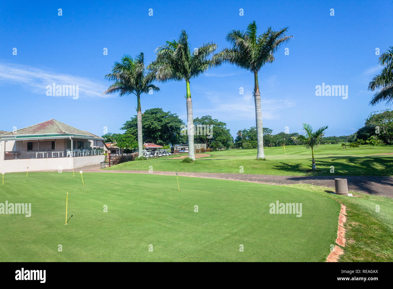 Campo da golf fairway foro flagstick palme putting green clubhouse scenic estate corso costiere. Foto Stock