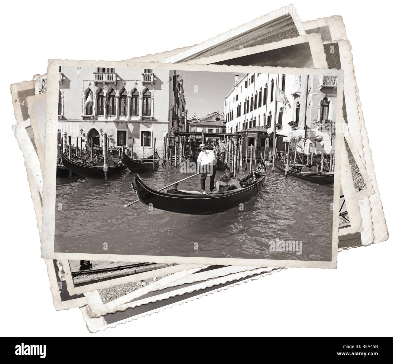 Pila di vecchie foto vintage a Venezia Italia Foto Stock