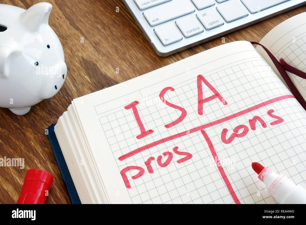 ISA risparmi individuali conto i pro e i contro in appunti. Foto Stock