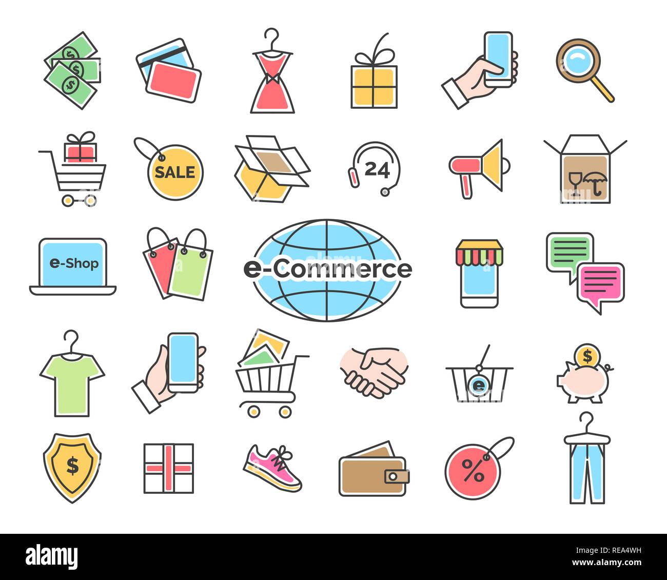 Ecommerce linea di colore delle icone. Set di illustrazione vettoriale per lo shopping online e la vendita al dettaglio Illustrazione Vettoriale