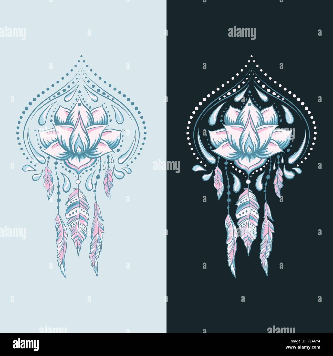 Doodle stile disegnato a mano lotus ornamentali sul buio e sfondo bianco. Fashion Design stampa con piume Illustrazione Vettoriale