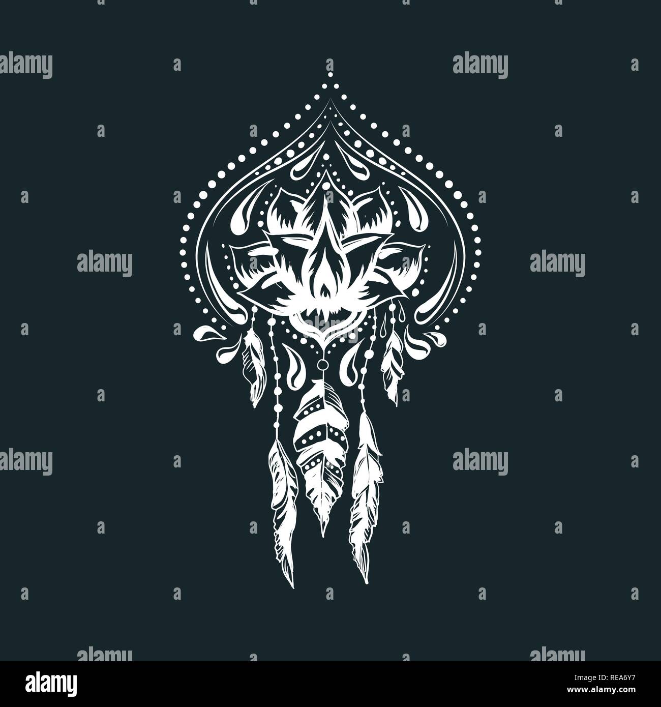 Doodle stile disegnato a mano lotus ornamentali. Moda stampa floreale design con piume Illustrazione Vettoriale