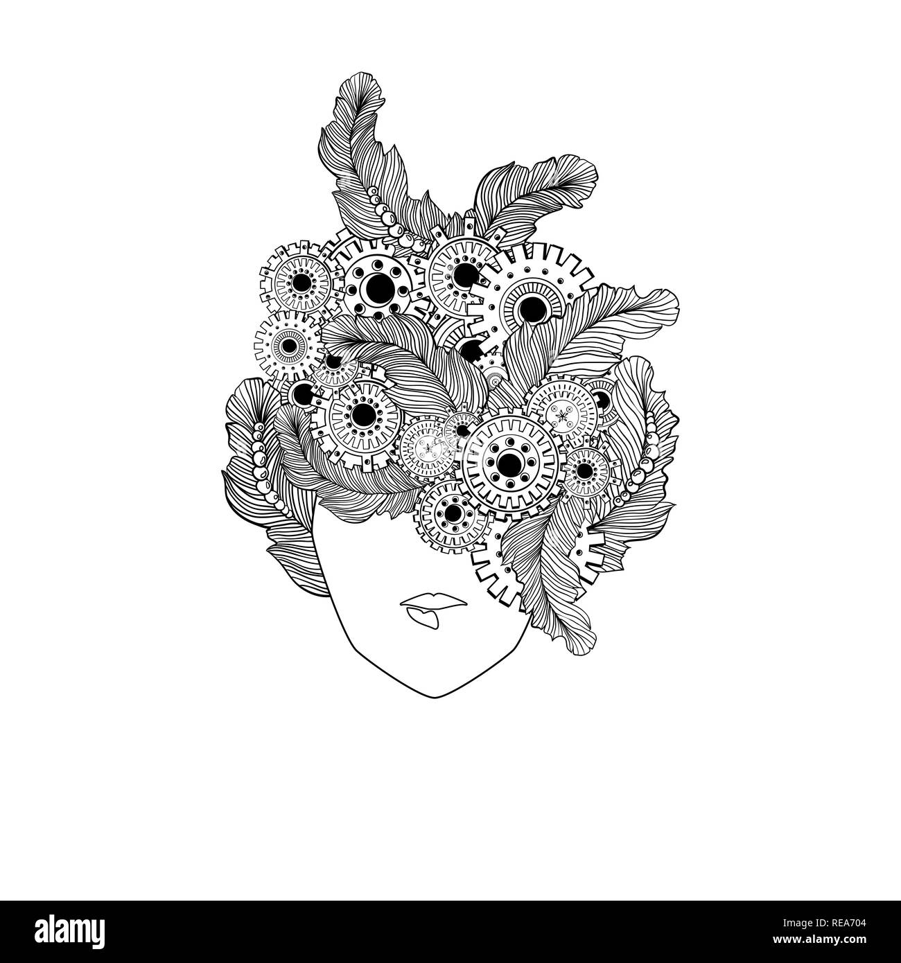 Concetto di arte di linea con stilizzata ladies capelli con piume e elementi tecnologici, marcia-ruote. Moda donna faccia. Può essere utilizzato per il barbiere logo design o adulto anti stress pagina di colorazione Illustrazione Vettoriale