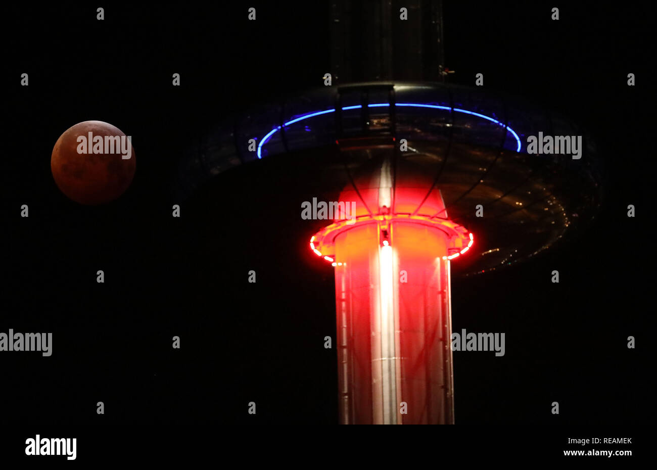 Brighton, Regno Unito. 21 gennaio 2019 un Super sangue wolf luna è visto dietro il British Airways i360 torre di osservazione a Brighton durante un'eclisse lunare. Credito: James Boardman / Alamy Live News Foto Stock