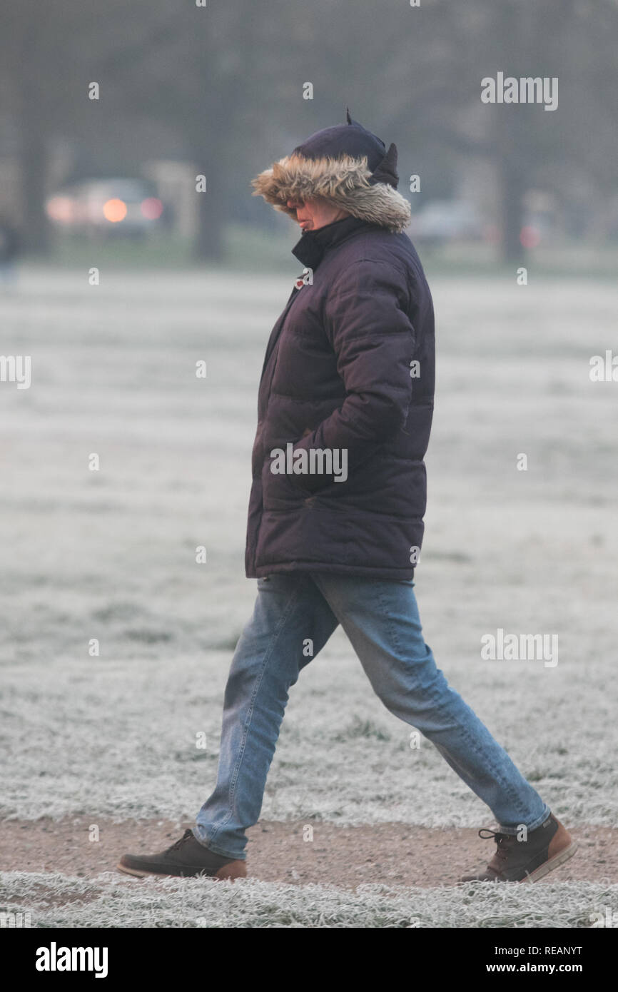 Londra REGNO UNITO. Il 21 gennaio 2019. Pendolari a piedi su Wimbledon Common coperto di brina pesante su un freddo mattino come le temperature scendono al di sotto di zero Credit: amer ghazzal/Alamy Live News Foto Stock