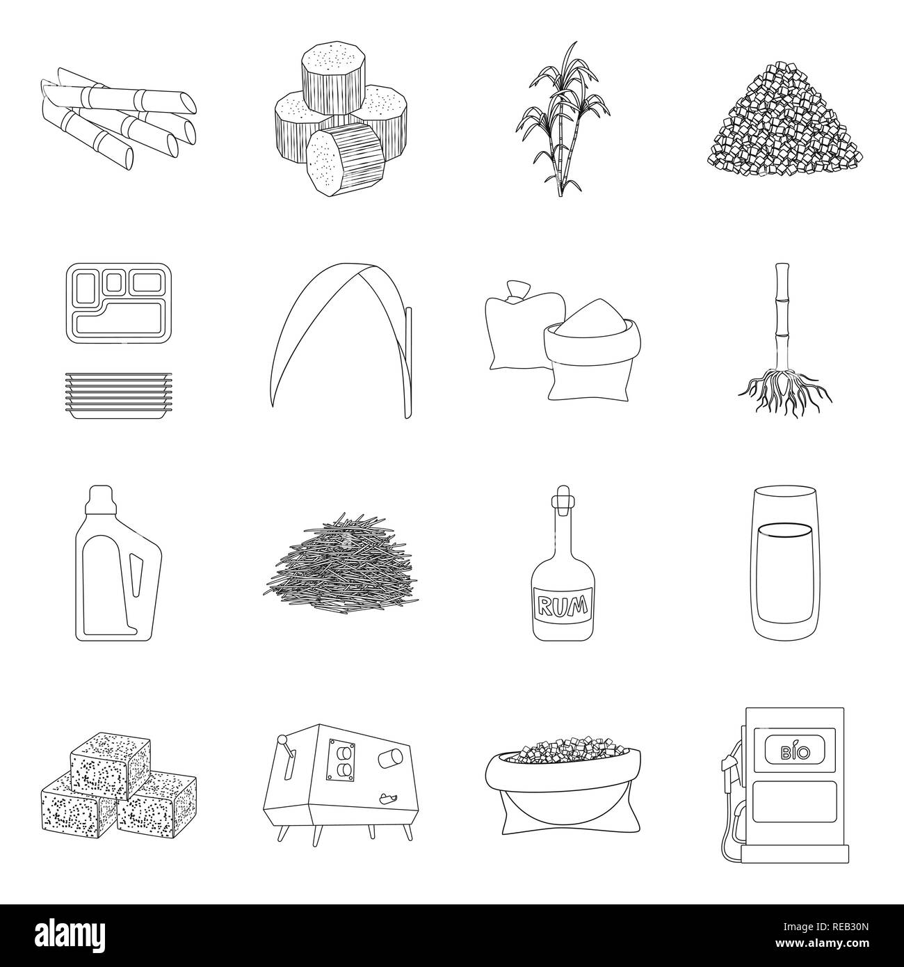 Stick,pezzo,bush,cartone,foglie,bag,root,Casa,bagasse,rum,succhi di frutta,cube,spremiagrumi,benzina,palm,granulata,contenitore,verde,sabbia,sistema,prodotti chimici,materie,bottiglia,cibo,macchina,l'ugello,crop,marrone,la canna da zucchero, di canna da zucchero,,campo,impianto,plantation,agriturismo,l'agricoltura,saccarosio,technology,impostare,vettore,icona,immagine,isolato,raccolta,design,l'elemento,graphic,segno,contorno,linea vettori vettore , Illustrazione Vettoriale