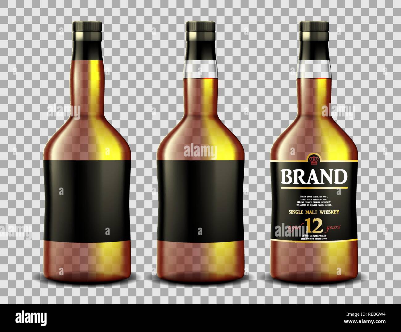 Serie di whisky, rum, bourbon o cognac bottiglia di vetro con alcool e senza. Bottiglie trasparenti da bere in un stile realista. Vettore 3d illustrazione Illustrazione Vettoriale