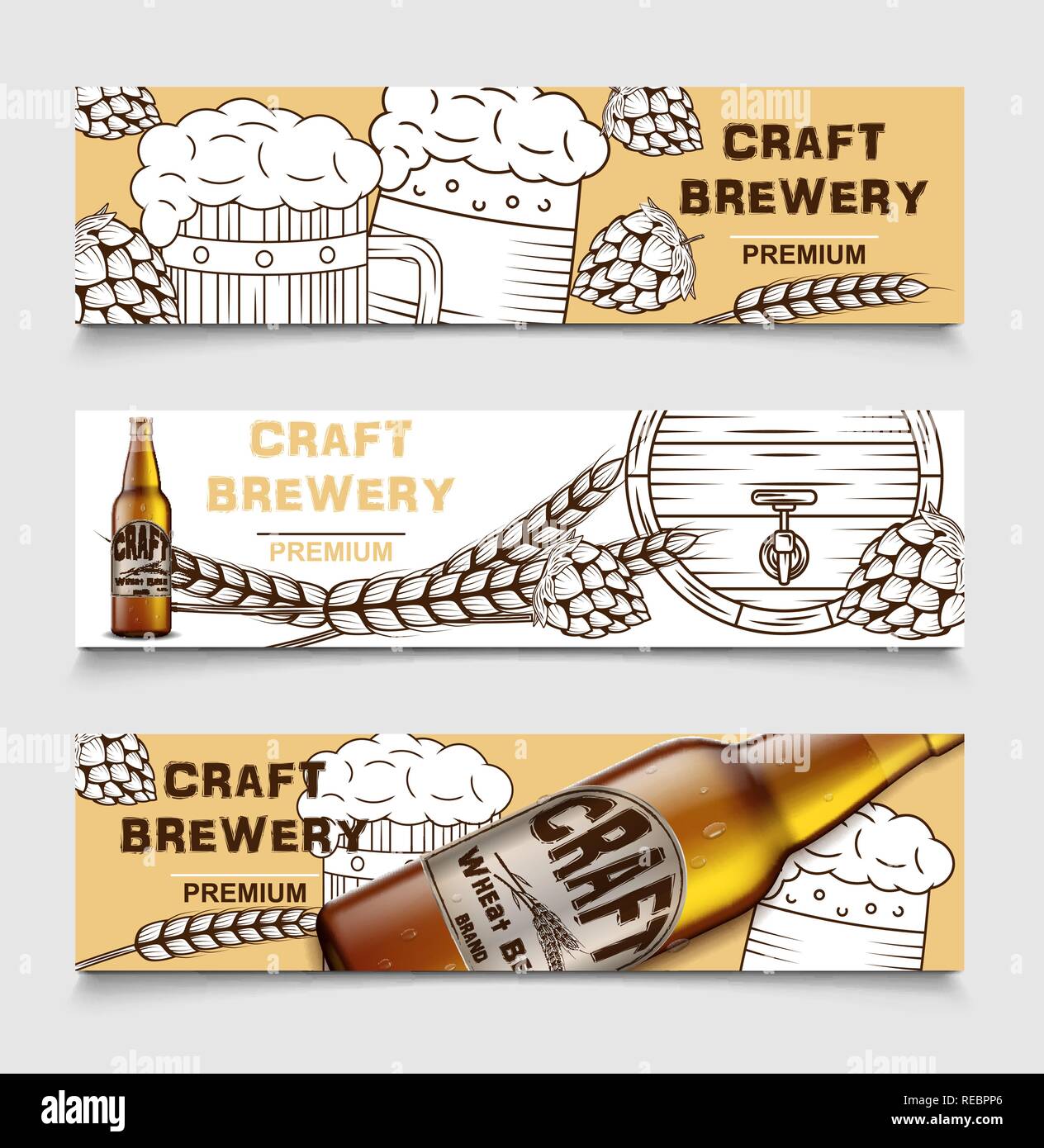 Set di birra birreria vettore vintage striscioni con birra e luppolo. poster della scheda di birra, schizzo di bevande alcoliche. Illustrazione Vettoriale. Illustrazione Vettoriale