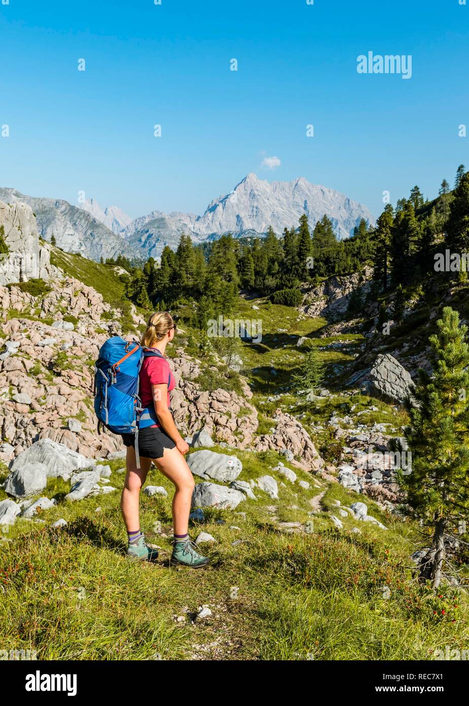 Escursionista mit zaino appare in lontananza, sentiero escursionistico in Funtenseetauern, dietro il Watzmann, Parco Nazionale di Berchtesgaden. Foto Stock