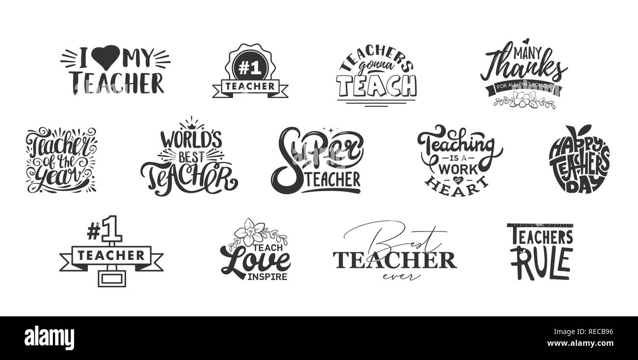 Gli insegnanti felice giorno lettering e tipografia preventivo. Mondo migliore maestra badges per dono, design di cartoline e stampa. Illustrazione Vettoriale