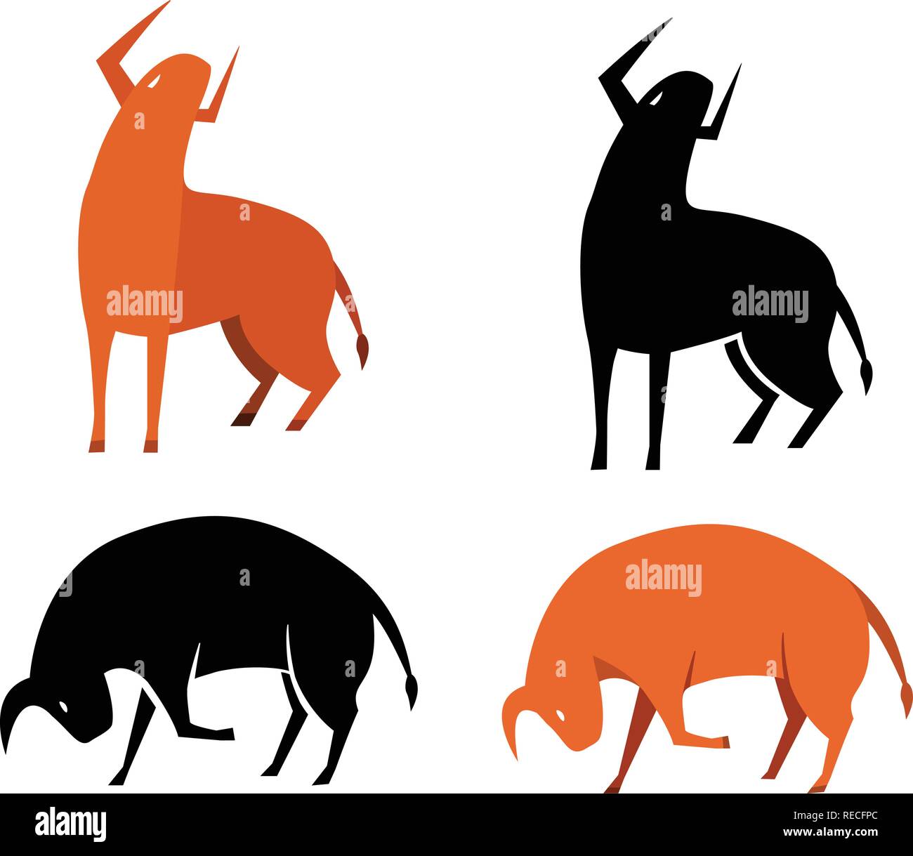 Set di bull icona nella silhouette e piana, arte vettoriale Illustrazione Vettoriale