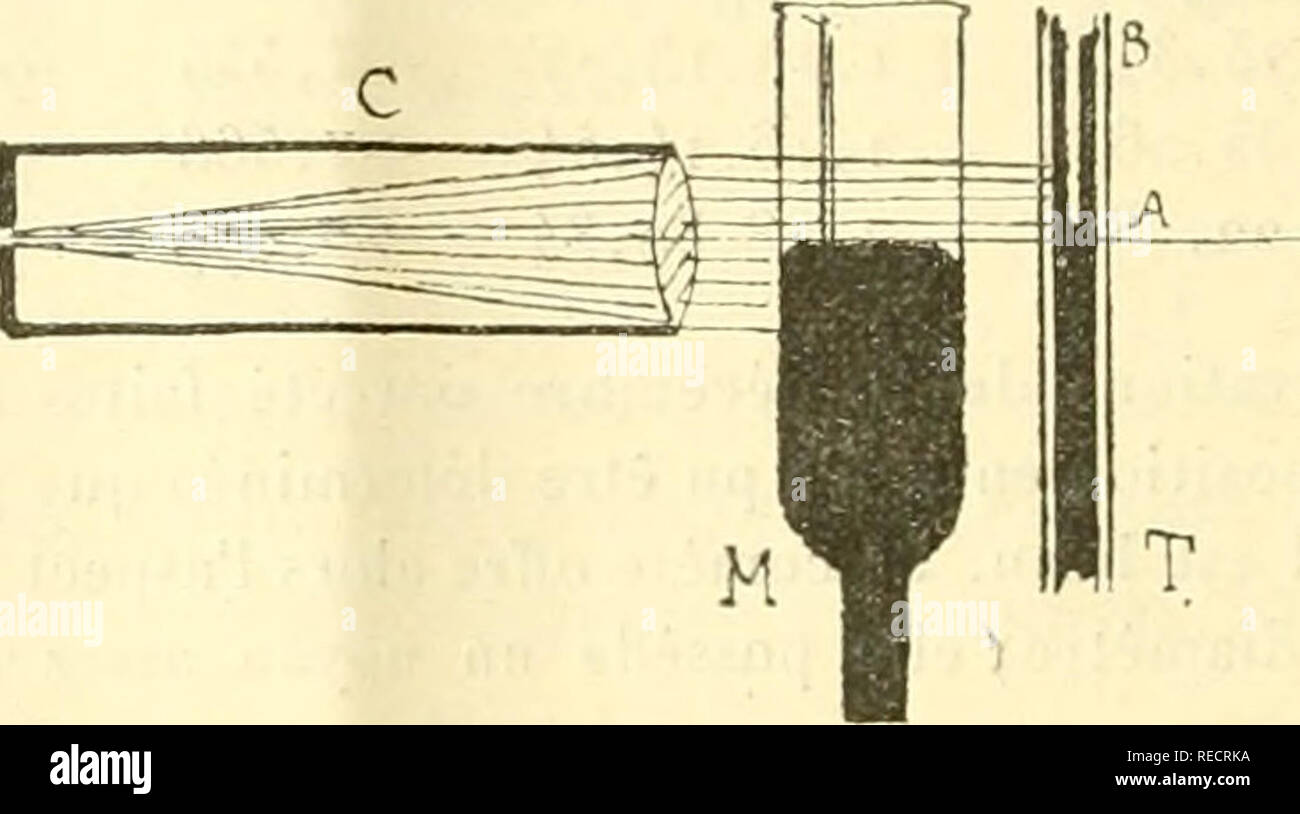 . Comptesrendusheb1401905Acad. es naturelles. 8o ACADEMIE DES SCIENCES. DerriÃ¨re le vase contenant le mercure a smaltire il tubo onu 1res fin T, contenant aussi ilu mercure; su avantageusement emploie une lige termo- mÃ©trique non graduÃ©e. Dans ces condizioni, toute la partie de la tige T qui est au-dessus du f!^^^^. niveau libre se trouve Ã©clairÃ©e, alors que la partie qui est au-dessous reste dans l'obscuritÃ©. L'Ã©clairement de la partie supÃ©rieure se traduit par l'esistenza, sur le mercure du tubo T, d'une gÃ©nÃ©ratrice lumineuse trí¨s belle AB, qui se il ter- mine brusquement et avec une gra Foto Stock