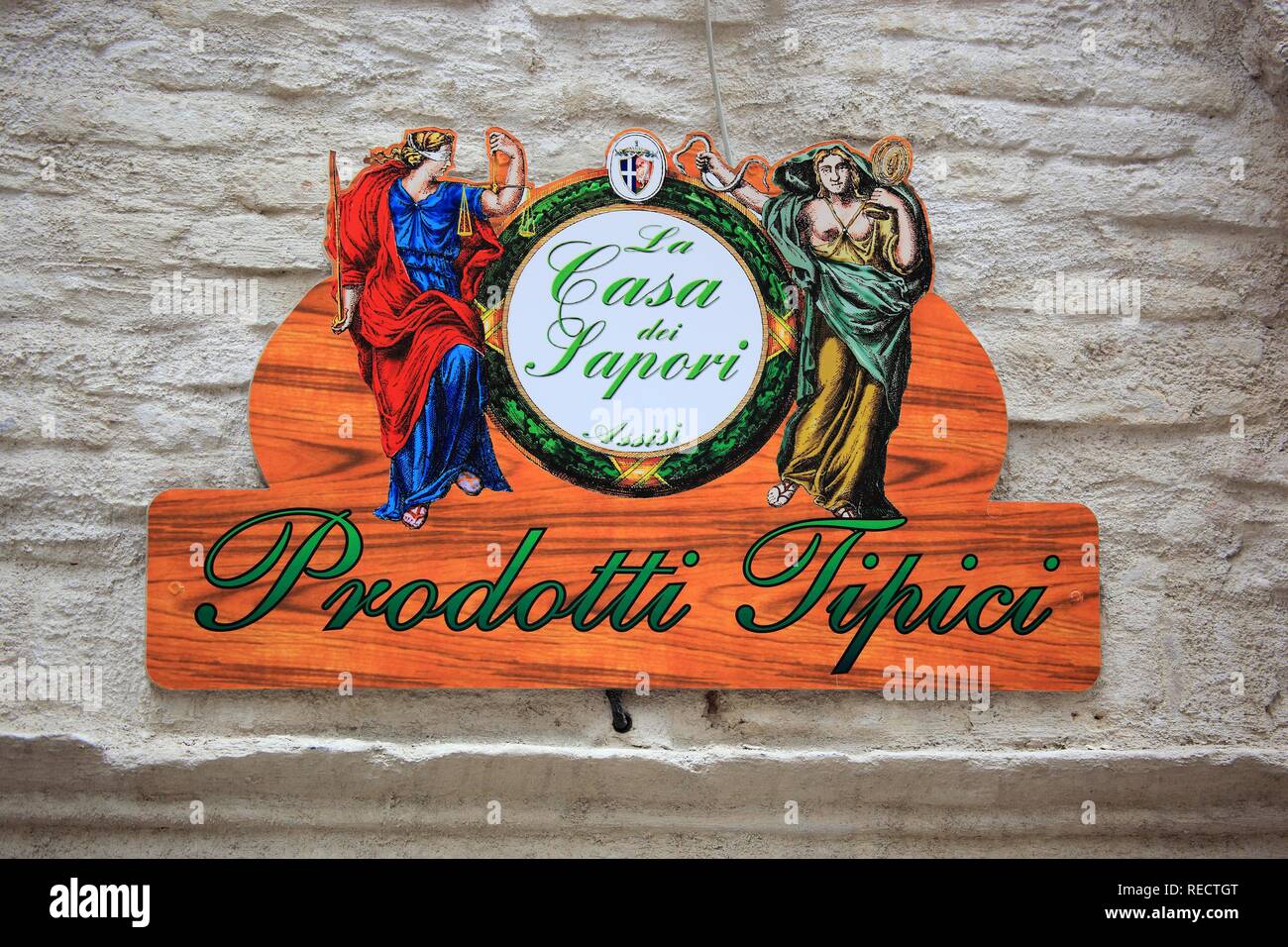 Pubblicità segno per prodotti locali presso un negozio ad Assisi, Umbria, Italia, Europa Foto Stock