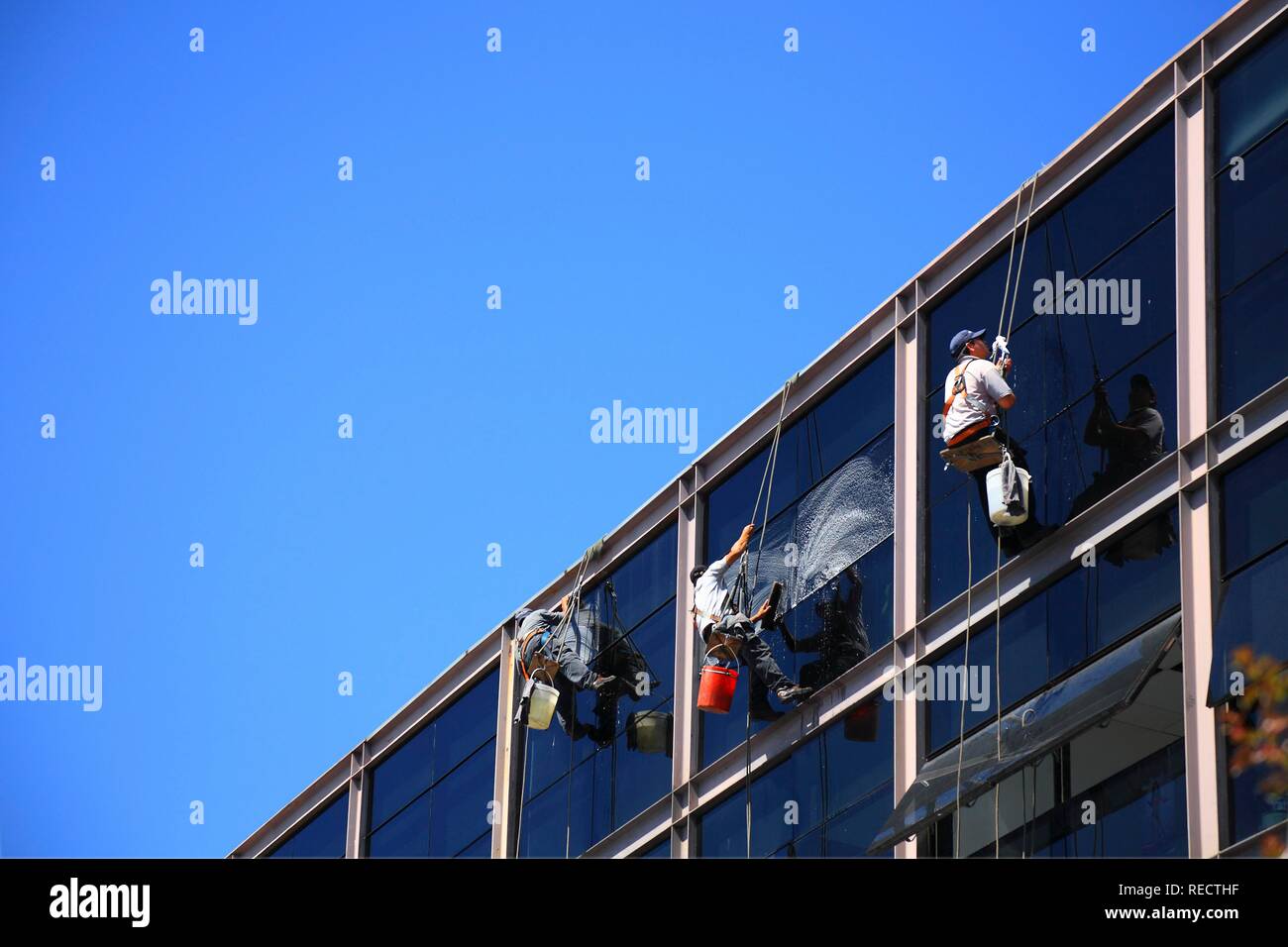 Detergenti per finestre su un grattacielo a Buenos Aires, Argentina, Sud America Foto Stock