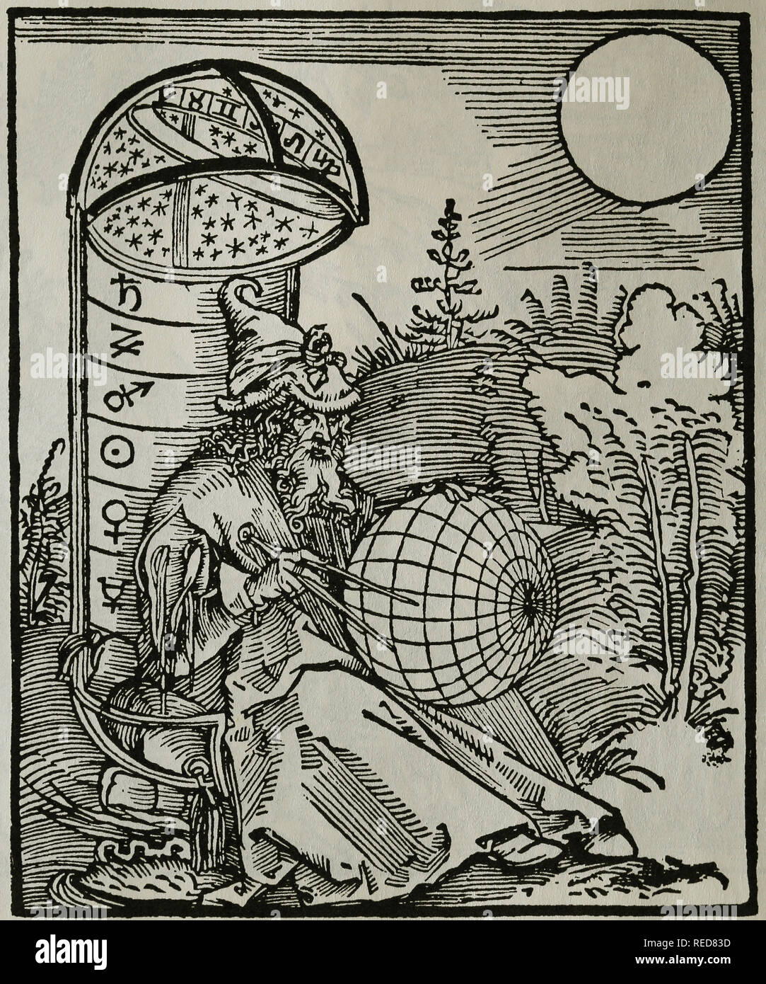 Astronomo. Astronomo persiano Messahalah, 8 (CE). Xilografia da A. Durer. Titolo pagina: Messahalah's 'De scientia motus orbis", 1504. Foto Stock