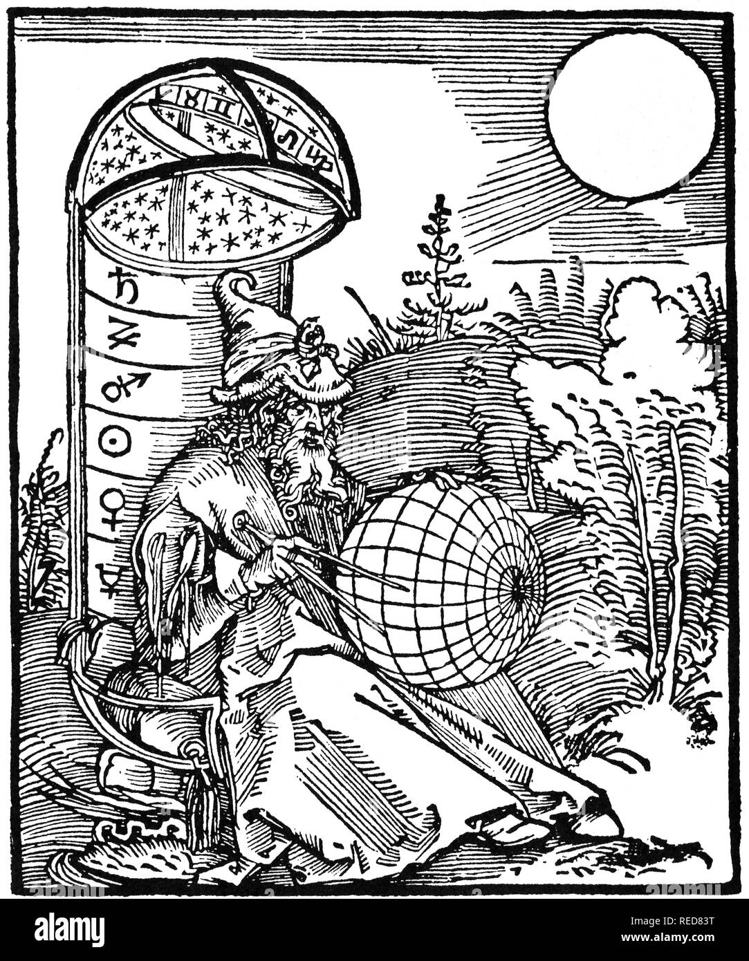 Astronomo. Astronomo persiano Messahalah, 8 (CE). Xilografia da A. Durer. Titolo pagina: Messahalah's 'De scientia motus orbis", 1504. Foto Stock