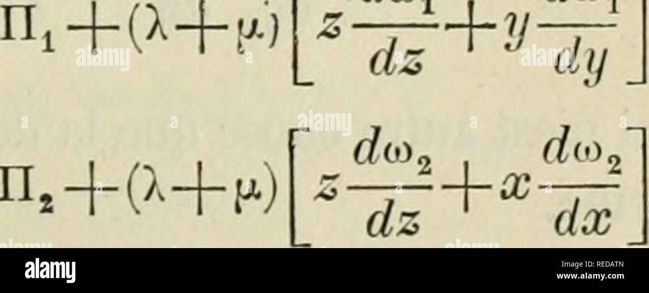 . Compte Rendu. La scienza; scienza -- Congressi. E. FO?Â"TANE.VU . Â SUR LA DÃFORMATION DES CORPS ISOTROPES 197 et en remplaÃ§ant d. (/(Gu rfw^ dk dz ' dz d. et â par leurs espressioni (22) et (24) : Â"91 x fare)^ dx fare^i ddi^ dk + y^ + ^-^ + :{l + LC)hihJls dij d:. J'dq^ dq. dy '  dz ' dx dy dH dy dii â (X + 3ii.)(0ho dq^ dqs dq dq^^ +y dx dq. dx dH dx dM dq^ dqs dqs dq^ - ^^ + 2^) S ^. d: dqy (^ + 1-) dwj , day^ ., , C?o)2 , dk dx '^ dy ^ dz ' dy â (X + 3fx)t02 ' dx ^dz' dq^ dqi dx dE dx f/H f/^3 dq dq^^^ dq 2(X + 2)^C. dv dq. dy dK dy rfH dq^dq^^dq dq^  Ainsi on aura Ã la superficie du corps Ã©l Foto Stock