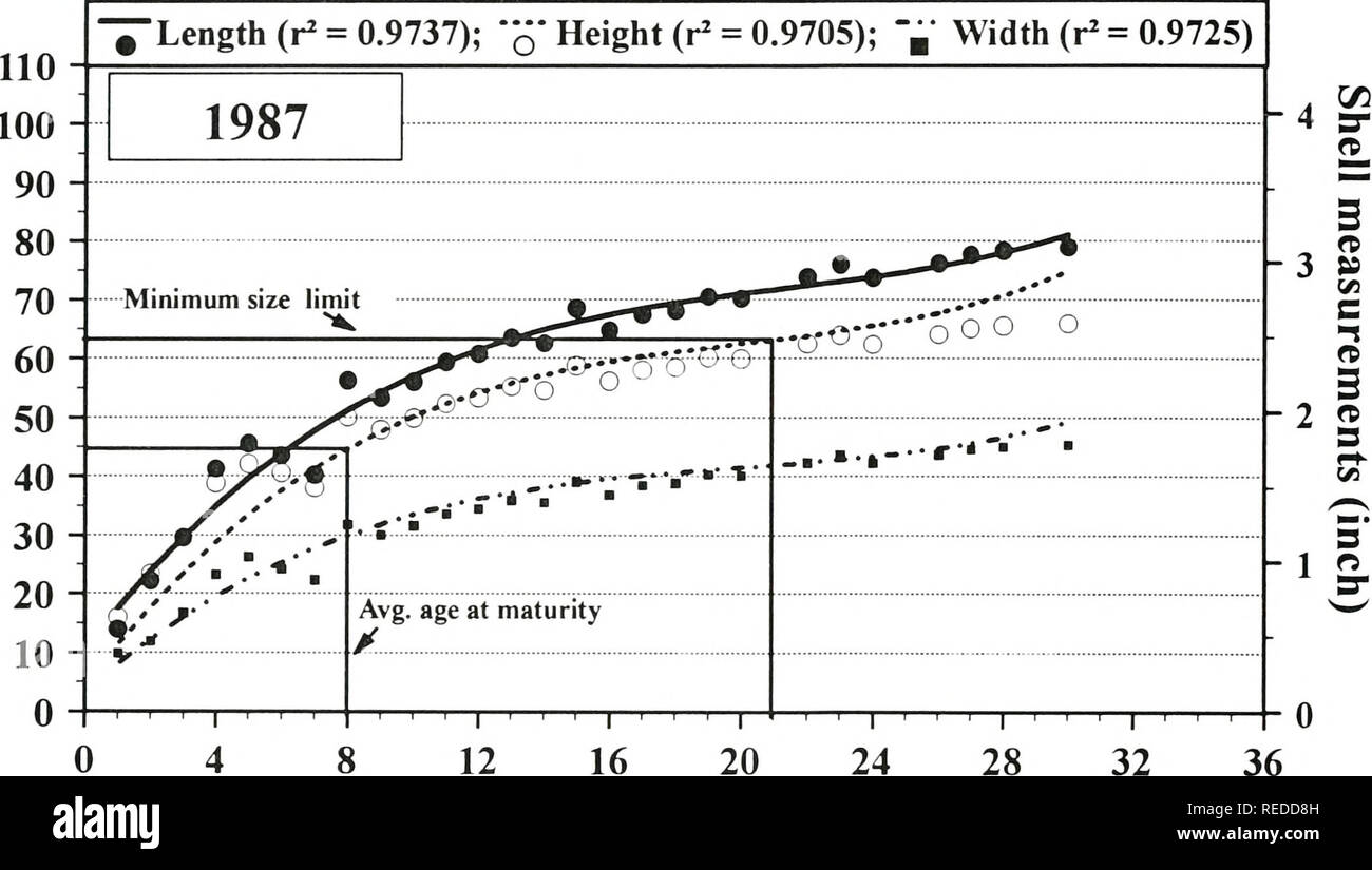 . Una valutazione completa di tre letti di mitili nel raggiungere i 15 della parte superiore del fiume Mississippi. [Risorsa elettronica]. Biologia ecologia; Mitili; Ecologia; elaborazione dati; densità; gestione; monitoraggio; assunzione; Campionamento; fiume Mississippi; bassa velocità; biologia acquatica; crescita(fisiologia). La Figura G-5. Curve di crescita basato sulla media dimensione osservata in età (Tabella G-9) di Quadrula metanevra raccolti da raggiungere 15 della parte superiore del fiume Mississippi nel 1987. Tutte le curve di crescita sono meglio descritti da una regressione polinomiale di formula (Tabella G^). Coefficiente di determinazione (r^) valori per ogni crescita c Foto Stock