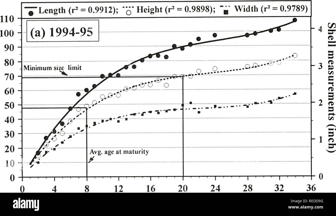 . Una valutazione completa di tre letti di mitili nel raggiungere i 15 della parte superiore del fiume Mississippi. [Risorsa elettronica]. Biologia ecologia; Mitili; Ecologia; elaborazione dati; densità; gestione; monitoraggio; assunzione; Campionamento; fiume Mississippi; bassa velocità; biologia acquatica; crescita(fisiologia). La Figura G-1. Curve di crescita basato sulla media dimensione osservata in età (Tabella G-5) di Amblema plicata raccolti da raggiungere 15 della parte superiore del fiume Mississippi in (a) 1994-1995 e (b) 1987. Tutte le curve di crescita sono meglio descritti da una regressione polinomiale di formula (Tabella GA).^ Coefficiente di determinazione (r=) i valori Foto Stock