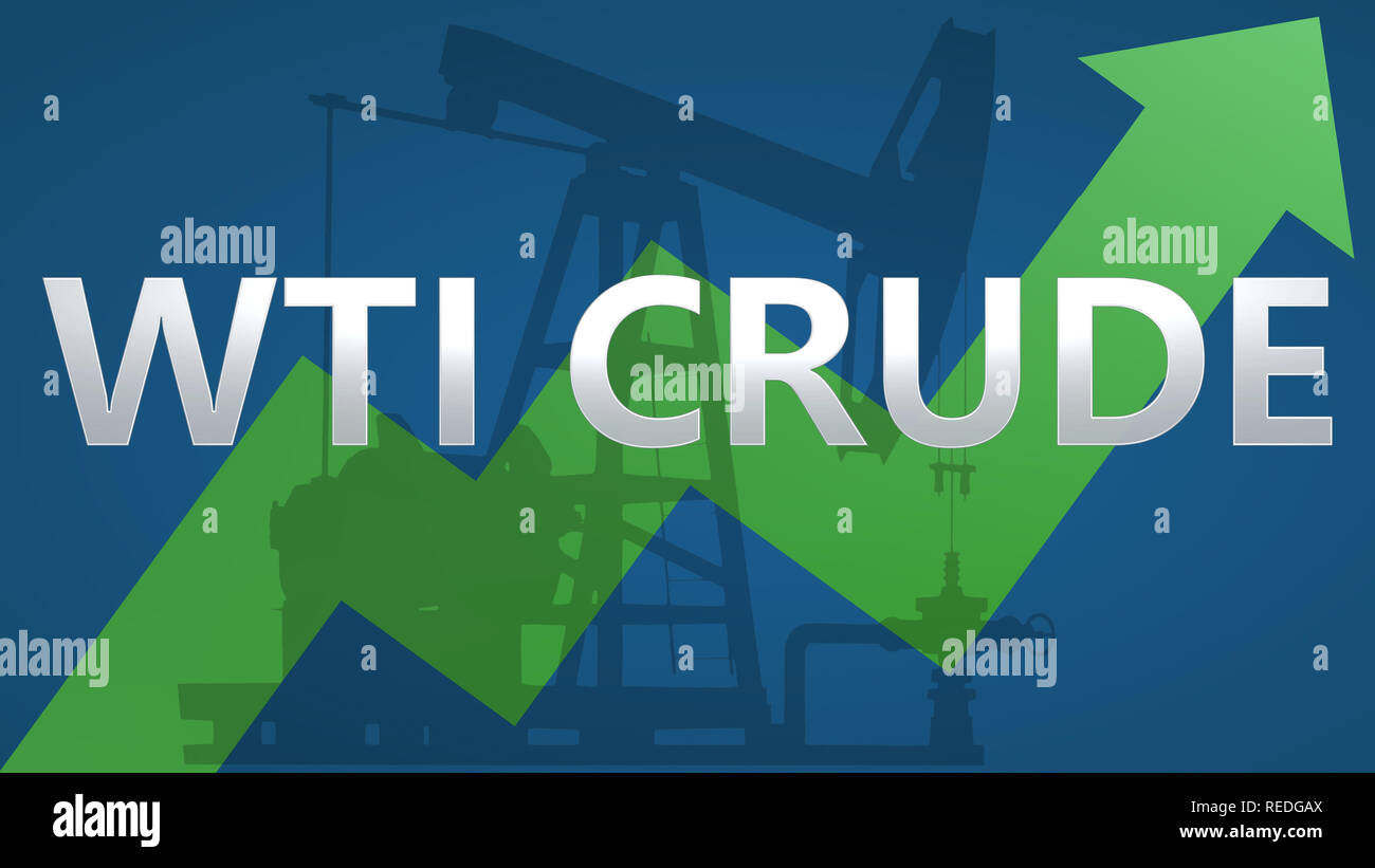 Il prezzo del greggio WTI olio va. Un verde a zig-zag freccia con un pozzo di petrolio pumpjack dietro la parola WTI su uno sfondo blu mostra verso l'alto,... Foto Stock